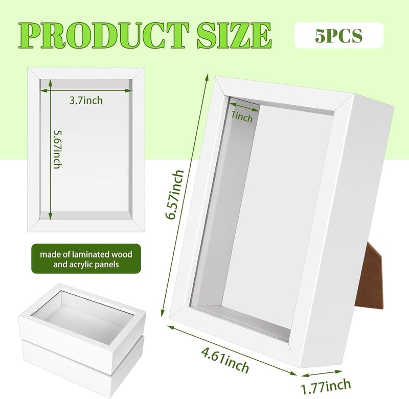 VOKOY 5 عبوات إطار صندوق ظل 4" × 6"، إطار صور خشبي صغير مجوف مع واجهة أكريليك شفافة، صناديق عرض صندوق ظل بعمق 1" للصور والزهور المجففة وقواقع البحر والتذكارات والحرف اليدوية والميداليات (أبيض) - Image 2